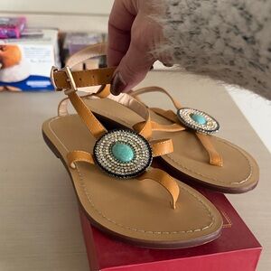 Elegant Tan Sandals with Turquoise Accents